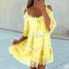 Scoop Neck Half Sleeves Loose Fit Summer Dress Embroidery Crochet Lace Cold Shoulder Mini Dress Female Clothing