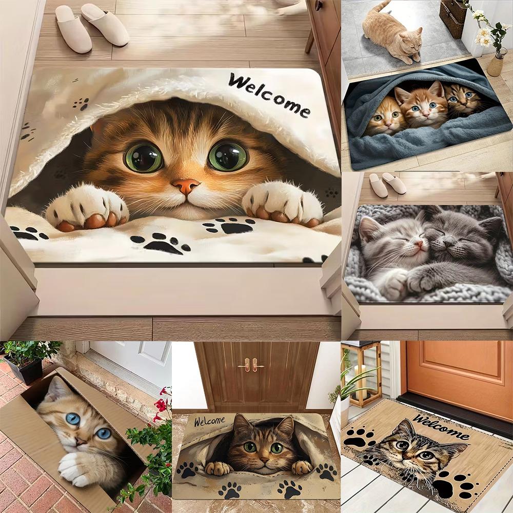 2D "Cute Little Cat Waiting for You To Come Home" Mat Welcome Mat Entrance Mat Soft and Comfortable Carpet Bathroom Entrance Mat