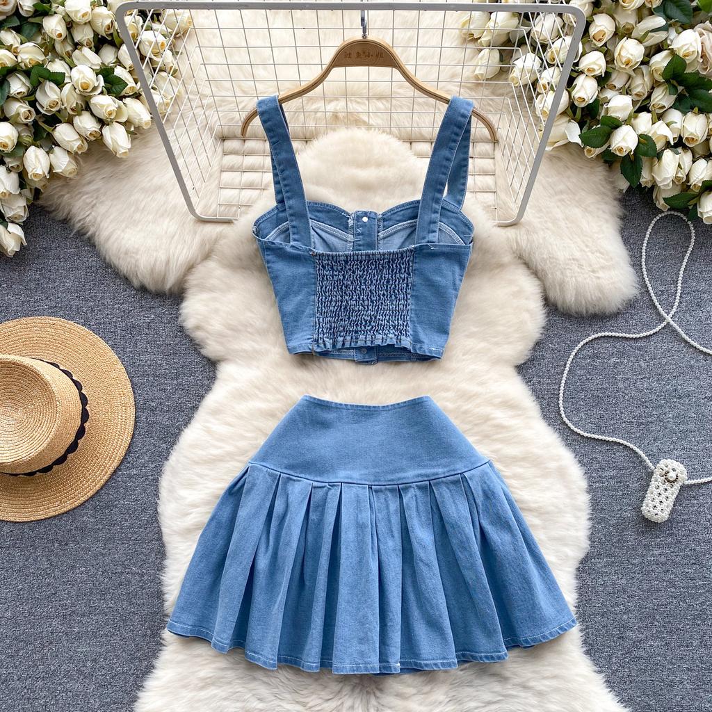 Women's Chic Hong Kong Style Retro Suit Short Camisole Vest Mini Denim Skirt Suit