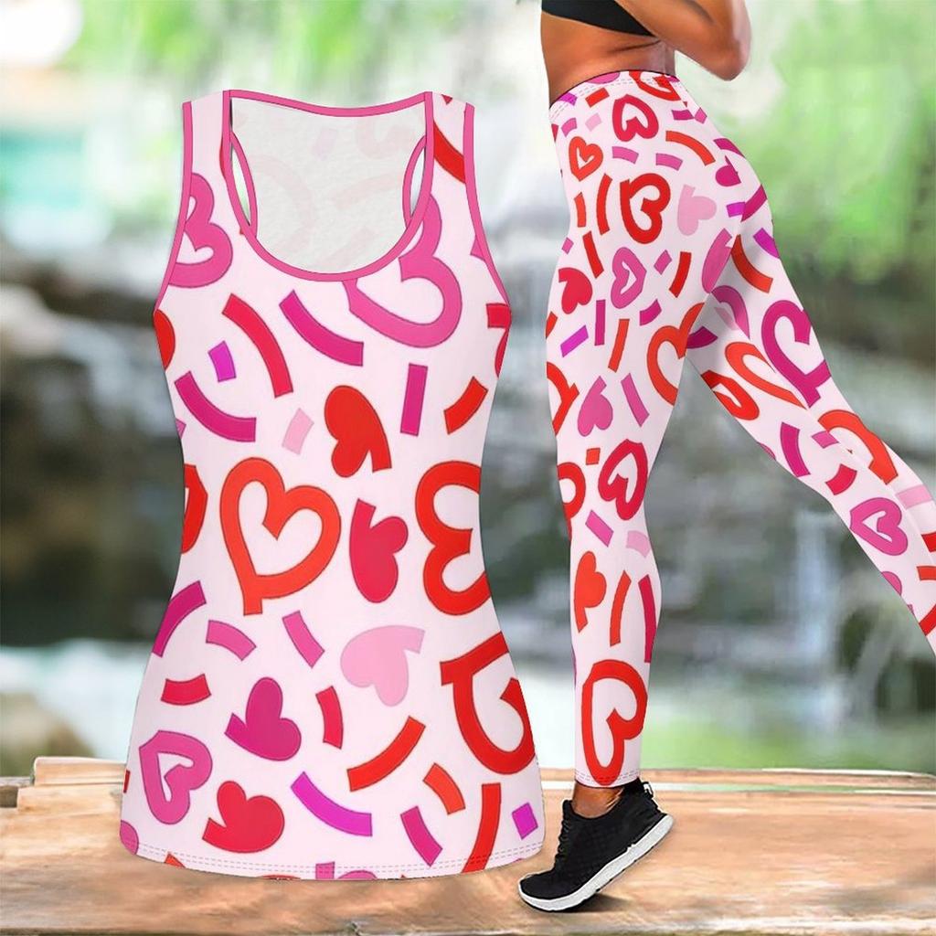 Комплект для йоги с принтом в виде сердечек для женщин, модные леггинсы для тренировок, фитнес, спорт, повседневный набор для йоги, спортивный костюм, эксклюзив ко Дню святого Валентина