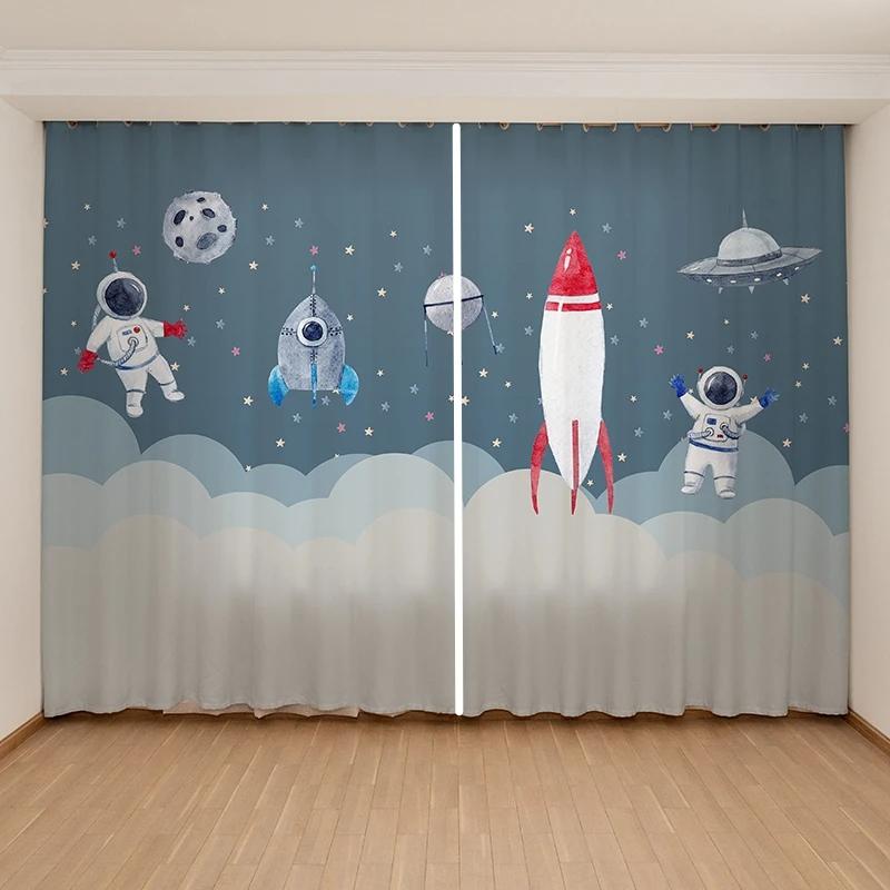 Мультяшные Милые Космические Астронавты Планеты Шторы Детская Спальня для Мальчиков Девочек Окно 2 Панели Высокое Затемнение Новый Модный Узор