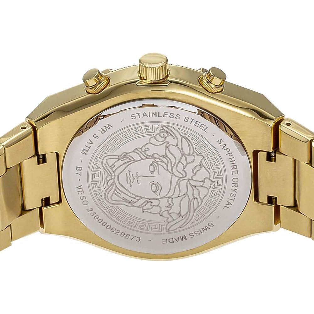 Мужские спортивные часы Versace Greca с черным циферблатом, корпус из нержавеющей стали, сапфировое стекло, кварцевый механизм, золотой, VESO00922