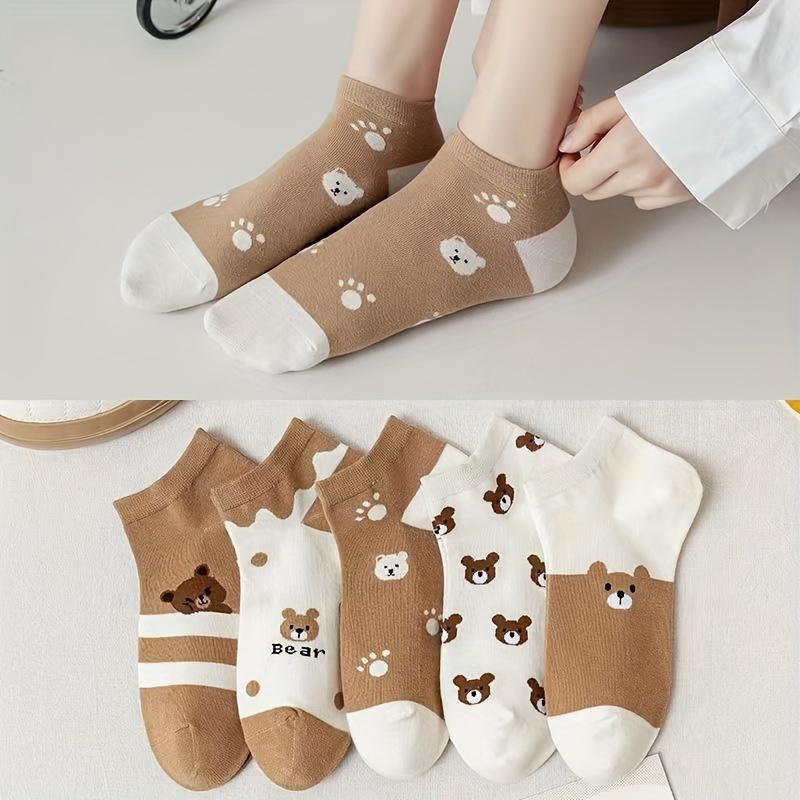 5 pairs of women's cartoon bear pattern socks - soft, breathable, elastic casual socks with cute bear faces