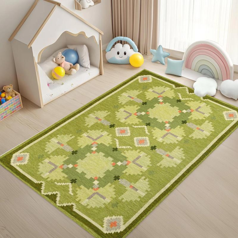 Boho Green Geometric Kids Area Rug Vintage Kilim Print NonSlip Floor Mat for Playroom Nursery Living Room Cute Home Decor