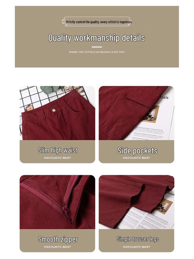 Women's Burgundy High-Waist Wide-Leg Pants - Slimming & Versatile for Spring/Autumn 2025