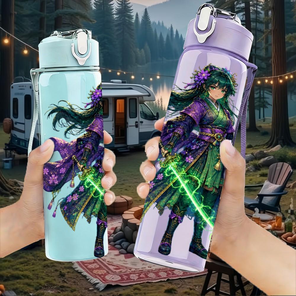 1PC Purple Robe Magic Girl Character Pattern 750ml Color Plastic Sports Water Bottle Leakproof Flip Straw Lid Suitable for Sports Office Home Use