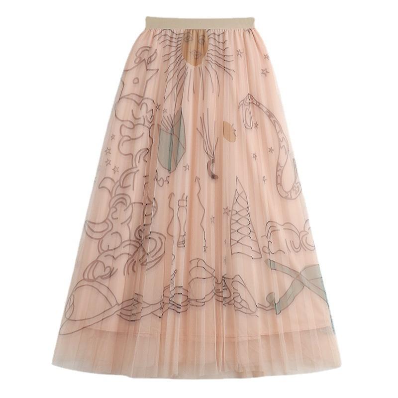 DX~~ Новая плиссированная сетчатая юбка с принтом граффити, женская весенняя новая тонкая газовая юбка миди с высокой талией