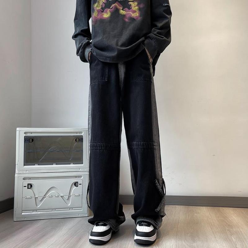 Джинсы с широкими штанинами в американском стиле с градиентом, мужская одежда, джинсовые брюки, стильные, с перекрестными вставками, винтажный, молодежный стиль, свободные брюки