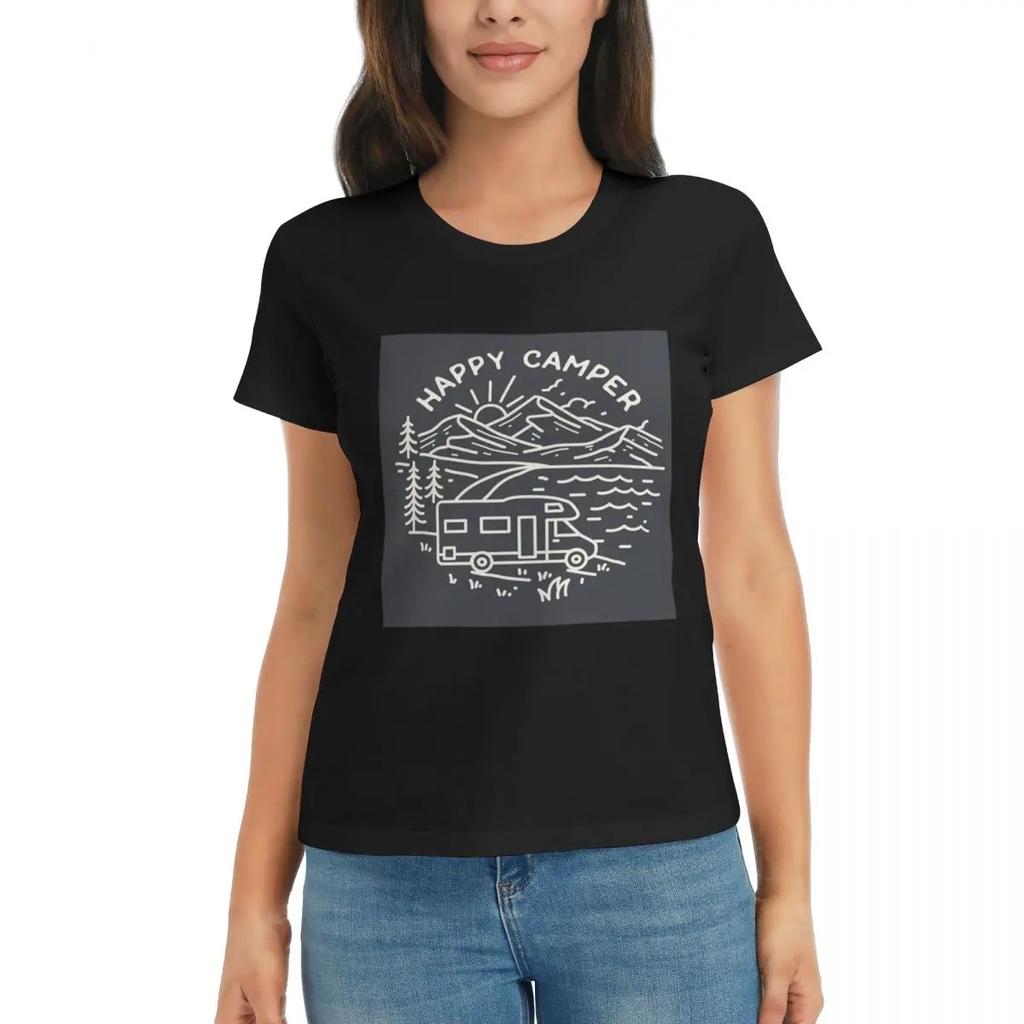 Women TShirt Happy Camper Motorhome60x90 Summer Short Sleeve Tees ONeck Cotton T Shirts Clothes Tops Streetwear