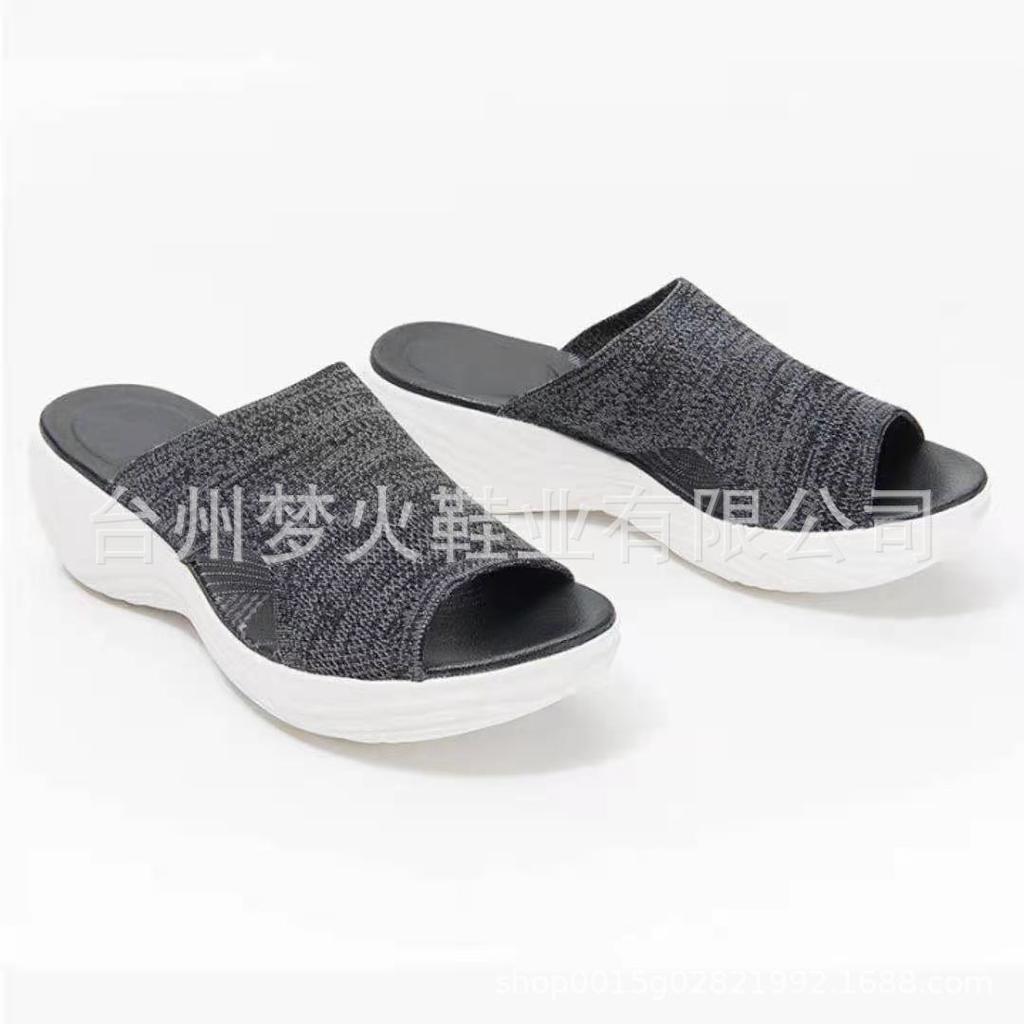 Summer New Fashionable Women's Outer Wear Wedge Heel Thick Bottom Fly-woven Solid Color Cool Slippers Women Breathable