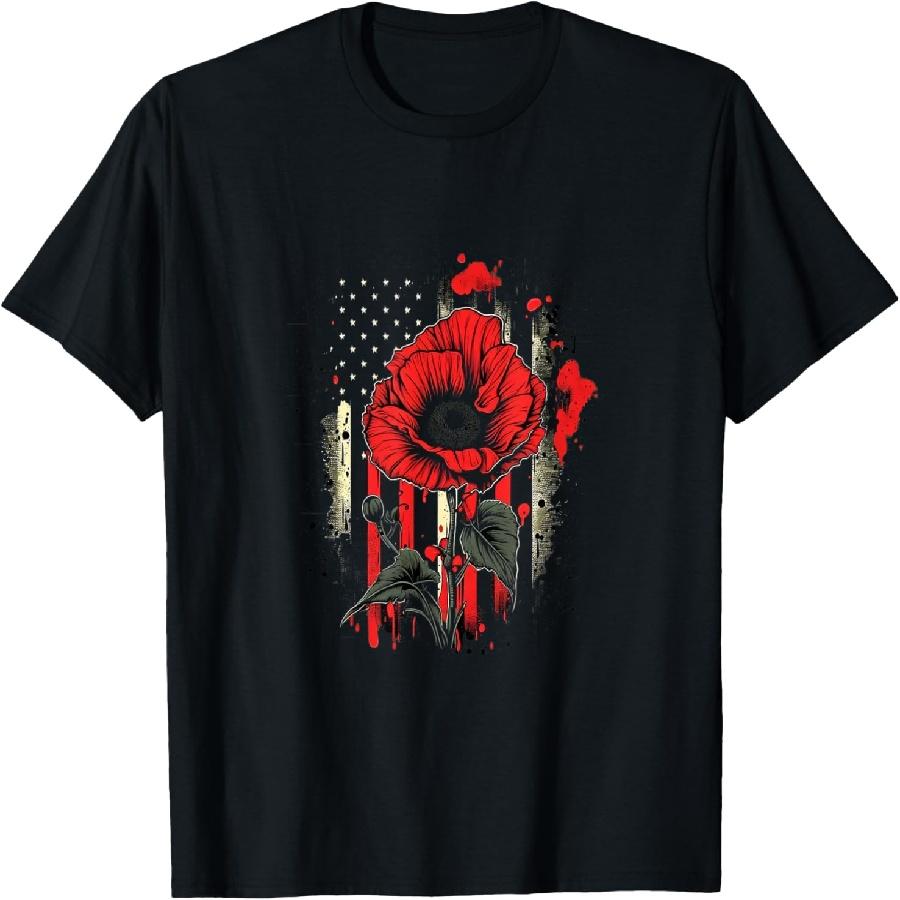Unisex T-shirt Memorial Day Red Poppy Flower American Flag USA 4th of July T-Shirt