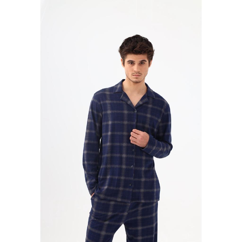 Men's Cotton Blue Plaid Patterned Long Sleeve Pocket Detailed Shirt Collar Pajama Set