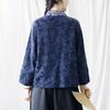 Johnature Women Vintage Jacquard Shirts V-Neck Long Sleeve Navy Blue Autumn Blouses Chinese Style Women Button Shirts
