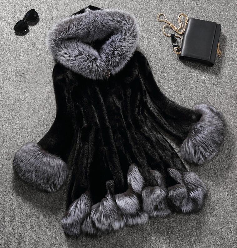 Autumn and Winter Fur Coat Coat Women's Mid-length Mink Fur Fox Fur Collar Imitation Fur Ladies Coat