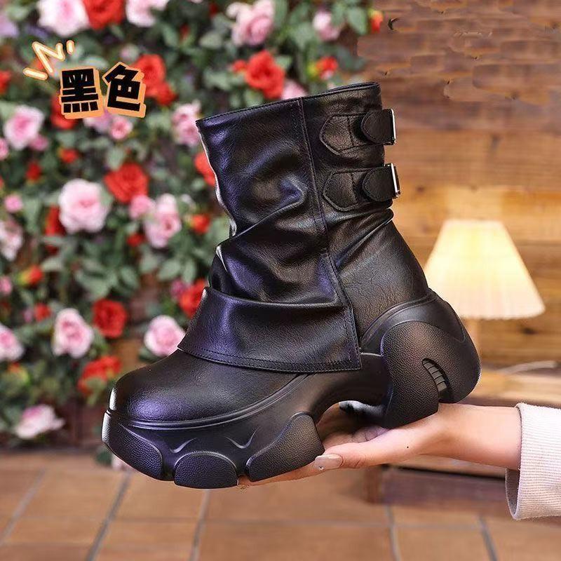 Fall/Winter High Top Booties Fashion Round Toe Metal Buckle Side Zip Platform Versatile Pant Boots