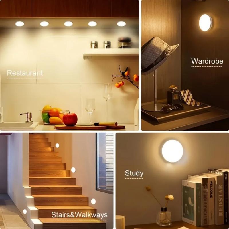 3set Led Closet Light Motion Sensor 8 LED USB Rechargeable Round Under Cabinet Light Two Colors Available Suitable for Kitchen