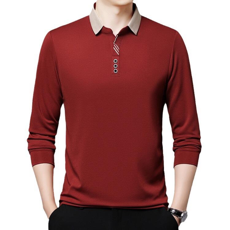 Men Long Sleeve Polo Shirt Solid Color Turn Down Collar Loose Fit Business Casual Top Autumn