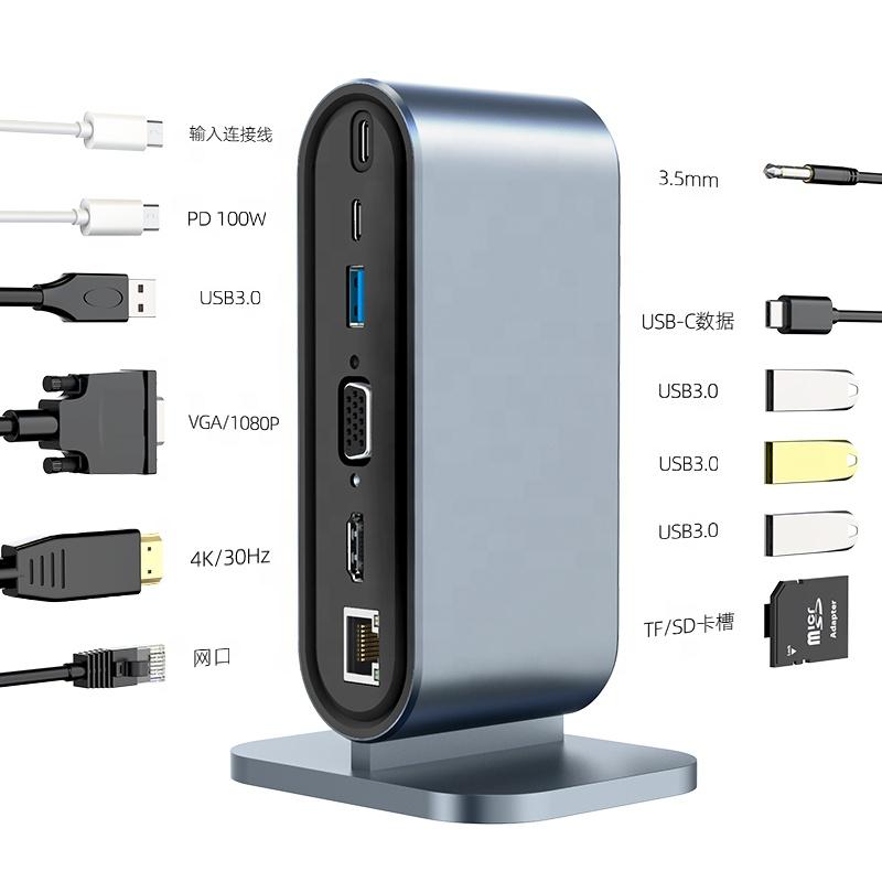 12-в-1 Хаб Type C на Multi 4KHD RJ45 VGA 4 USB 3.0 PD Адаптер питания Док-станция Настольная Портативная