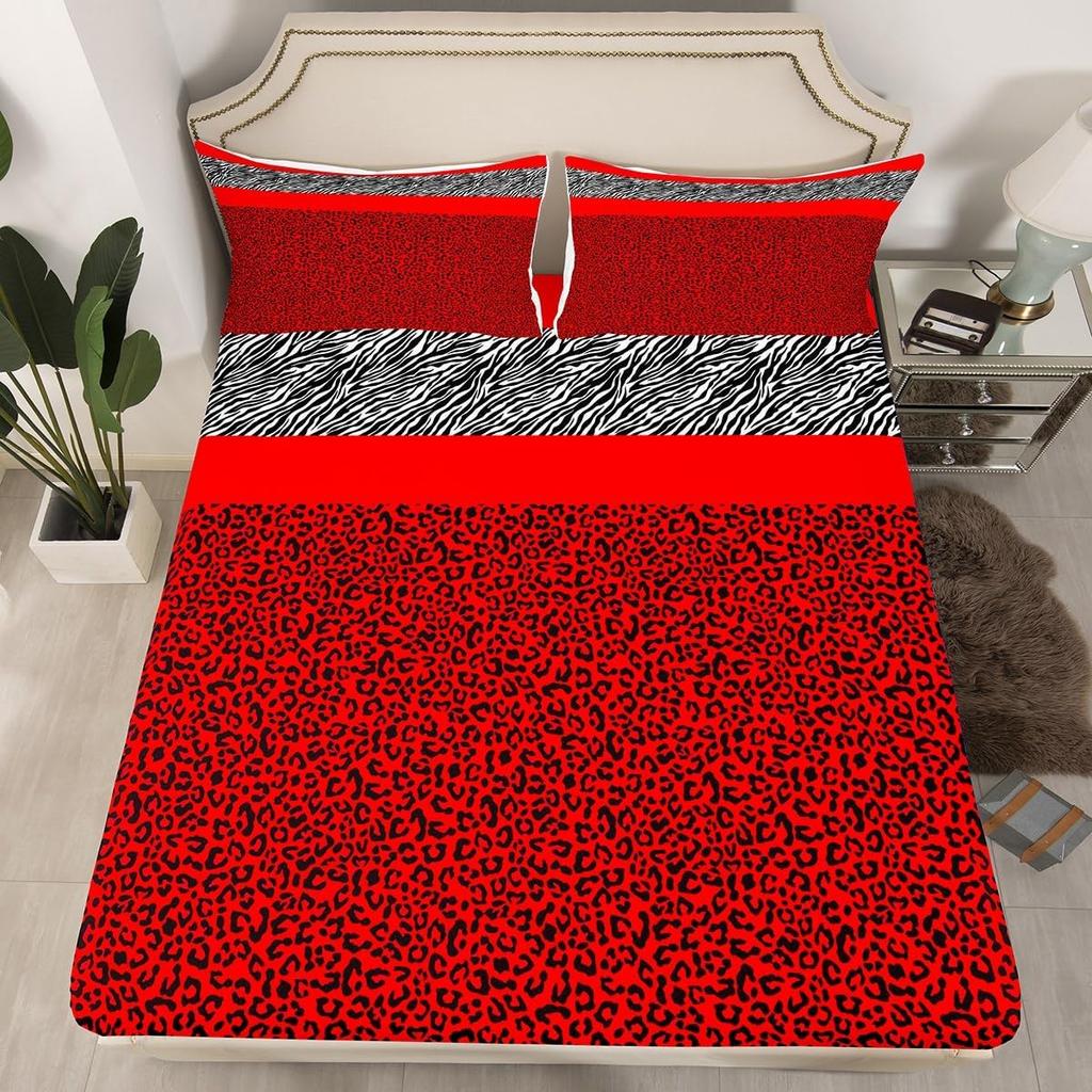 Leopard Kids Fitted Sheet, Black White Striped Bed Cover with Pillowcases, Animal Print Bedding Set for Boys Girls Room Decor