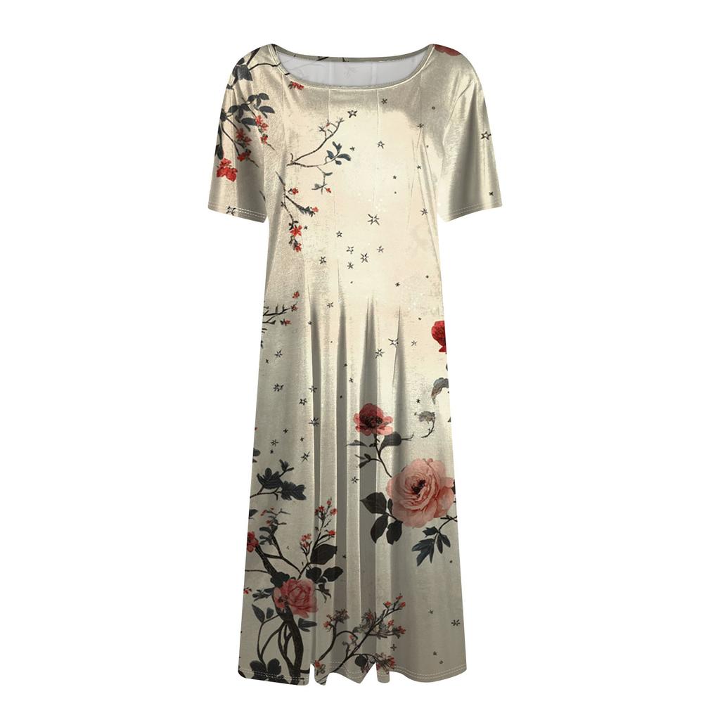 Women's Loose Casual And Fashionable Round Neck Short Sleeved Printed Mid Length Dress