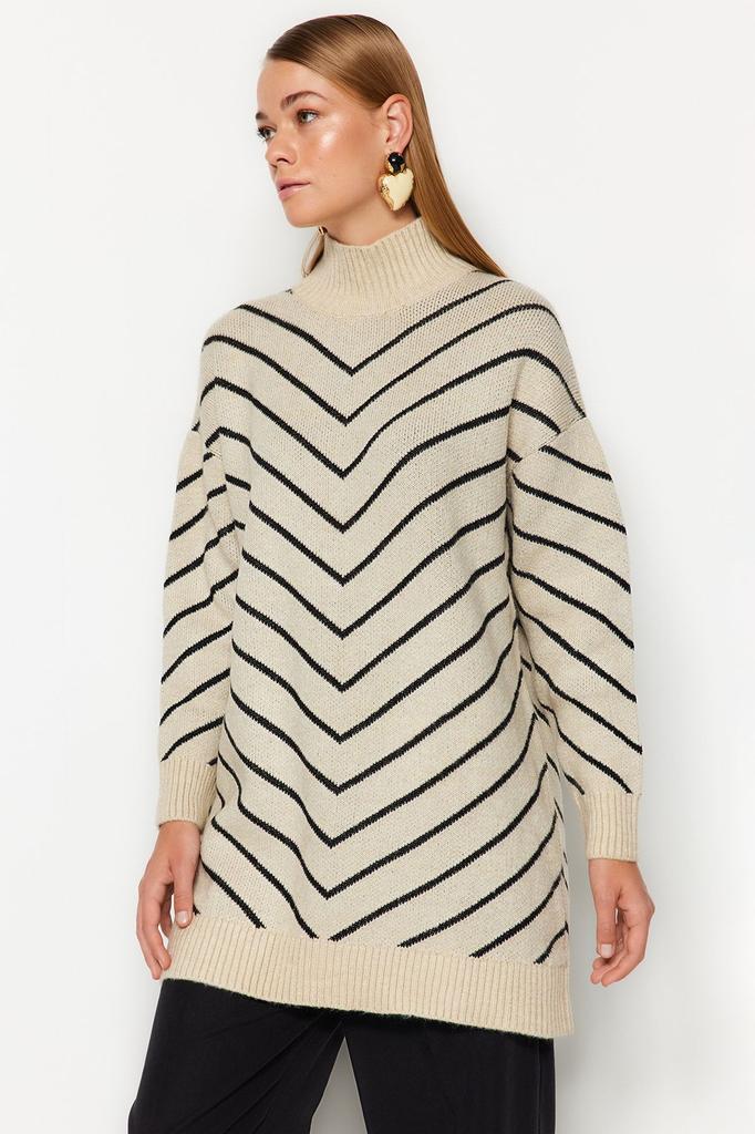 Женский модный стильный свитер в хиджабе, полосатый трикотаж с высоким воротником, свитер