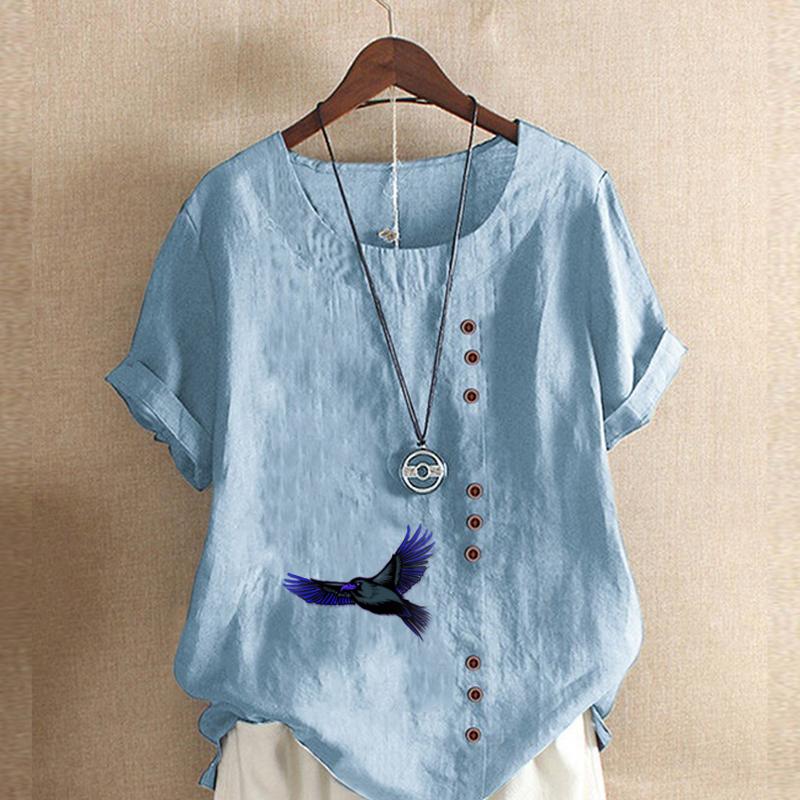 Женская модная футболка с круглым вырезом и коротким рукавом, повседневная хлопковая футболка с графическим принтом, летняя блузка топы для отдыха, свободного кроя, с принтом вороны