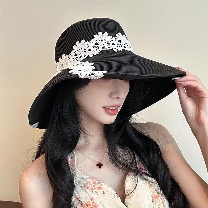 Summer new Internet celebrity straw hat female sunshade sunscreen lace basin hat herringbone knot small fresh bucket hat big eaves