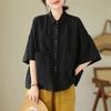 Women's Summer Vintage Washed Mid Sleeve Lapel Shirt Casual Loose Pocket Top