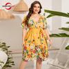 Женское платье с коротким рукавом, летние женские пляжные платья, желтое платье с цветочным принтом, платье больших размеров, вечернее платье с v-образным вырезом