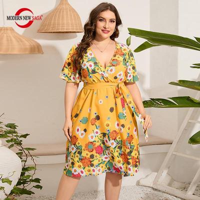 Женское платье с коротким рукавом, летние женские пляжные платья, желтое платье с цветочным принтом, платье больших размеров, вечернее платье с v-образным вырезом