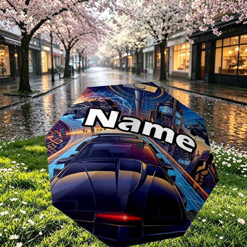 Custom Name Personalized Knight Rider Print Umbrella, Auto Open Close, 8‑Rib Sturdy Frame, Commute Camping Hiking Use, Birthday Gift