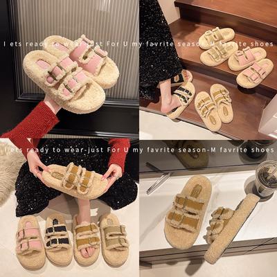 Тапочки из шерсти Boken на толстой подошве 2024 года, осень-зима, новая корейская версия, односложные тапочки Mao Mao, женская одежда, поясная пряжка, обувь Mao Mao