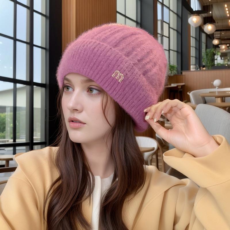 Женская корейская модная вязаная шапка из норки – Универсальный однотонный цвет, Плюс бархат, Утолщенная, Ветрозащитная шерсть