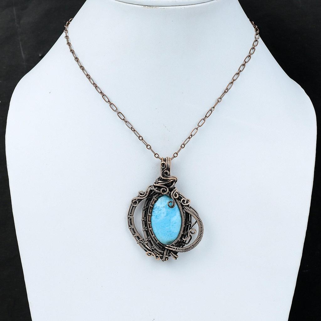 Подвеска Ларимар Подвеска из медной проволоки Подвеска из натурального драгоценного камня Медные украшения Подвеска ручной работы Обмотка проволокой Украшения с ларимаром Подарок для него