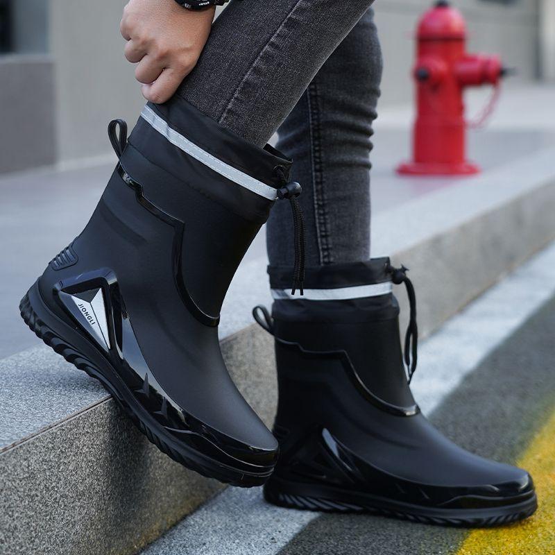 Fashion Rain Shoes Men's Short Anti Slip Mid Tube Rain Boots Short Water Shoes with Velvet Work Shoes