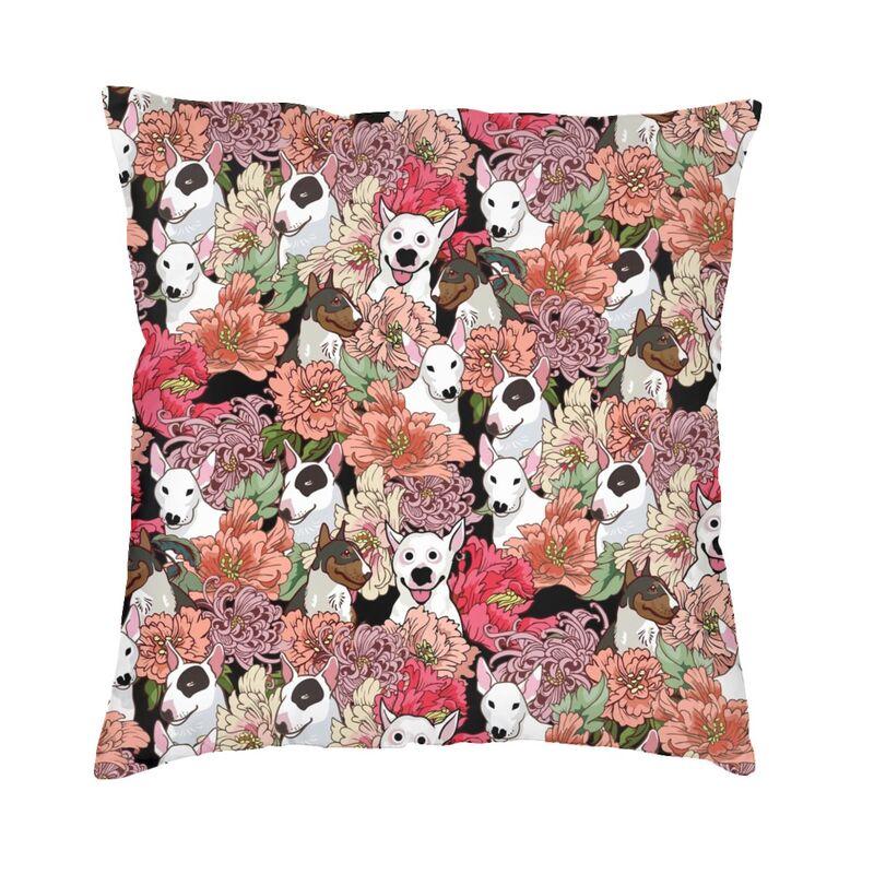 Bull Terrier Dog Flower Pattern Cushion Cover Sofa Decoration Pet Puppy Square Throw Pillow Case 45X45