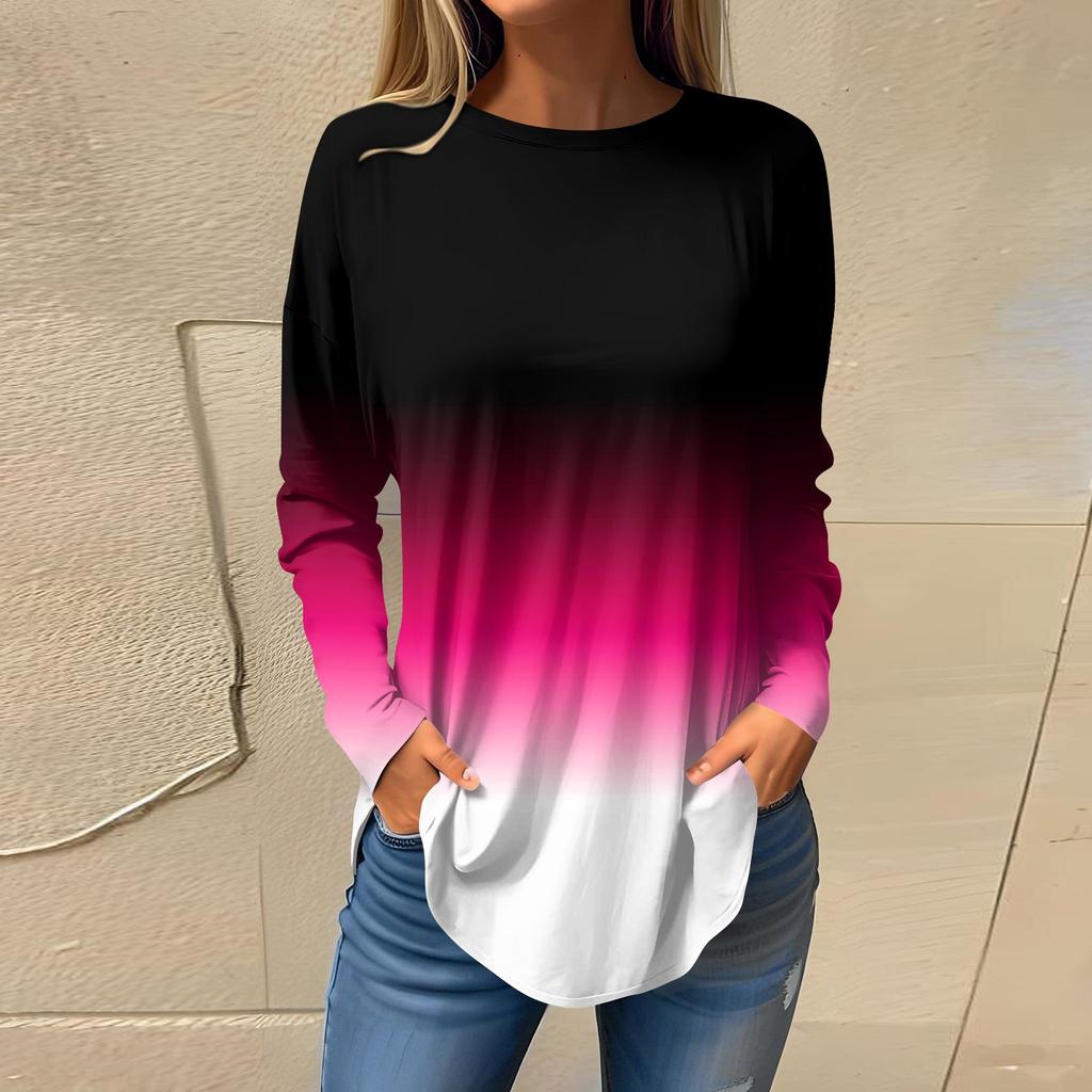 Футболки для женщин, осенние повседневные рубашки с длинными рукавами, толстовка с градиентным принтом, топ, пуловер