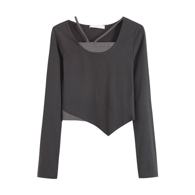 Необычный дизайн футболки, женский топ с длинными рукавами и шейным ремешком, тонкий, тонкий, в стиле пэчворк, искусственный комплект из двух предметов, яркое лето