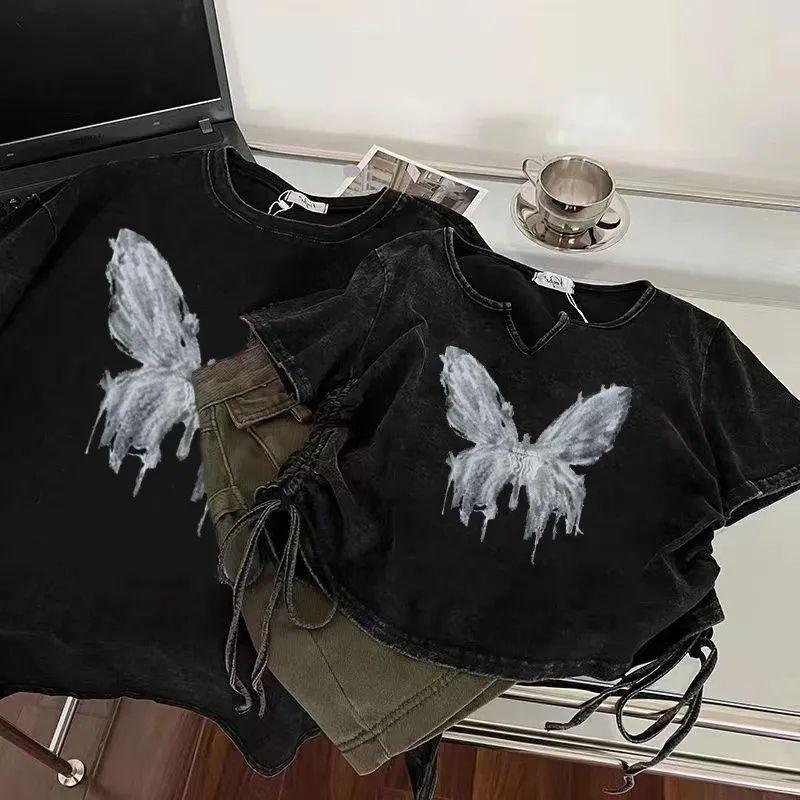 Женская стираная и потертая футболка в стиле ретро с короткими рукавами, летняя короткая женская футболка Sweet and Spicy для девочек с открытым пупком на шнуровке для пары