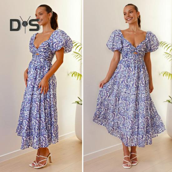 Женское вечернее платье с рукавами-пузырьками и глубоким вырезом с открытыми плечами, красочный принт, трапециевидной формы с большим подолом, лоскутное платье, плиссированное пляжное платье макси для отпуска