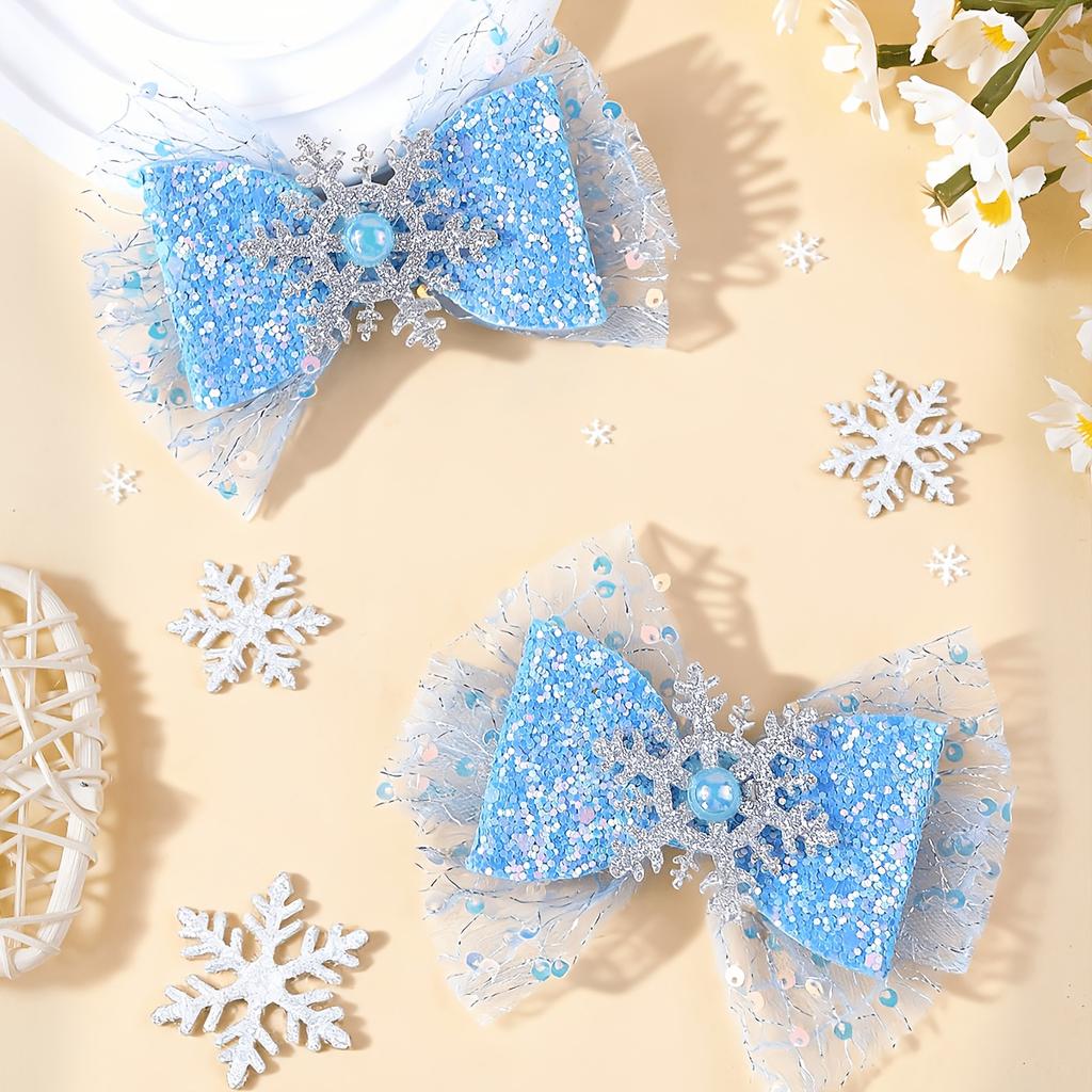 2Pcs Ice and Snow Double Sequin Pearl Bow Hair Accessories Snowflake Mesh Blue Decorative Hair Accessories Headgear