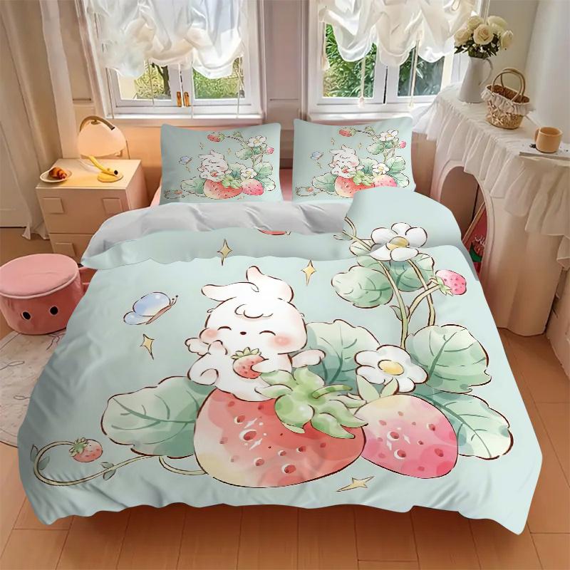 3pcs Strawberry Rabbit Bedding Set - 1 Soft Quilt Cover + 2 Pillowcases, Machine Washable - Suitable for All Seasons M096