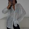 Women Summer Tops Shiny Sequins Decor Shirt Coat Solid Color Loose Fit Lapel Long Sleeve Buttons Placket Shirt Tops