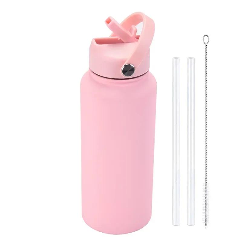 1L Sports WATER BOTTLE With Handle And Straw Stainless Steel Large Capacity Vacuum Flasks Drinkware Large Mouth GymThermos CUP
