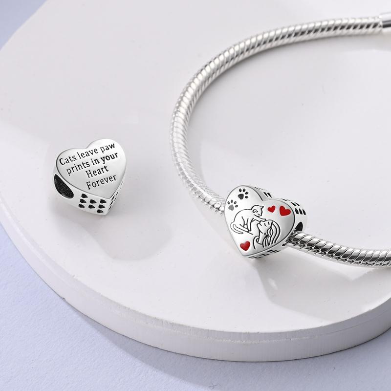 Original 925 Sterling Silver Charms Heart-shaped Paw Print Cat Kitten Pet Charm Bead Fit Bracelets Necklace Pendant DIY Jewelry