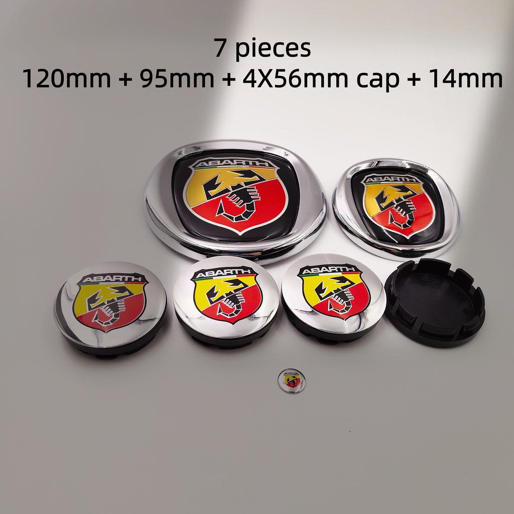 7pcs fiat Abarth Car Hood Front Bonnet Grill Rear Trunk Emblem Logo Badge 85/95/100/120mm Car Wheel Center Caps Hubcap Cover