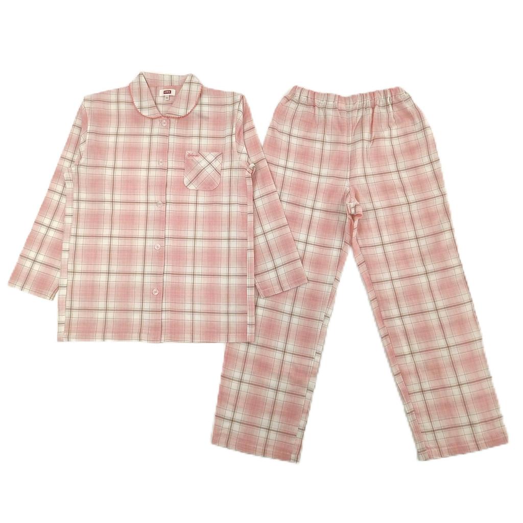 Takihyo EDWIN Long Sleeve Pajama Double Check Shirt Pink Women's Set, 100% Cotton, Gauze, Pattern, Open-Front Pajamas,