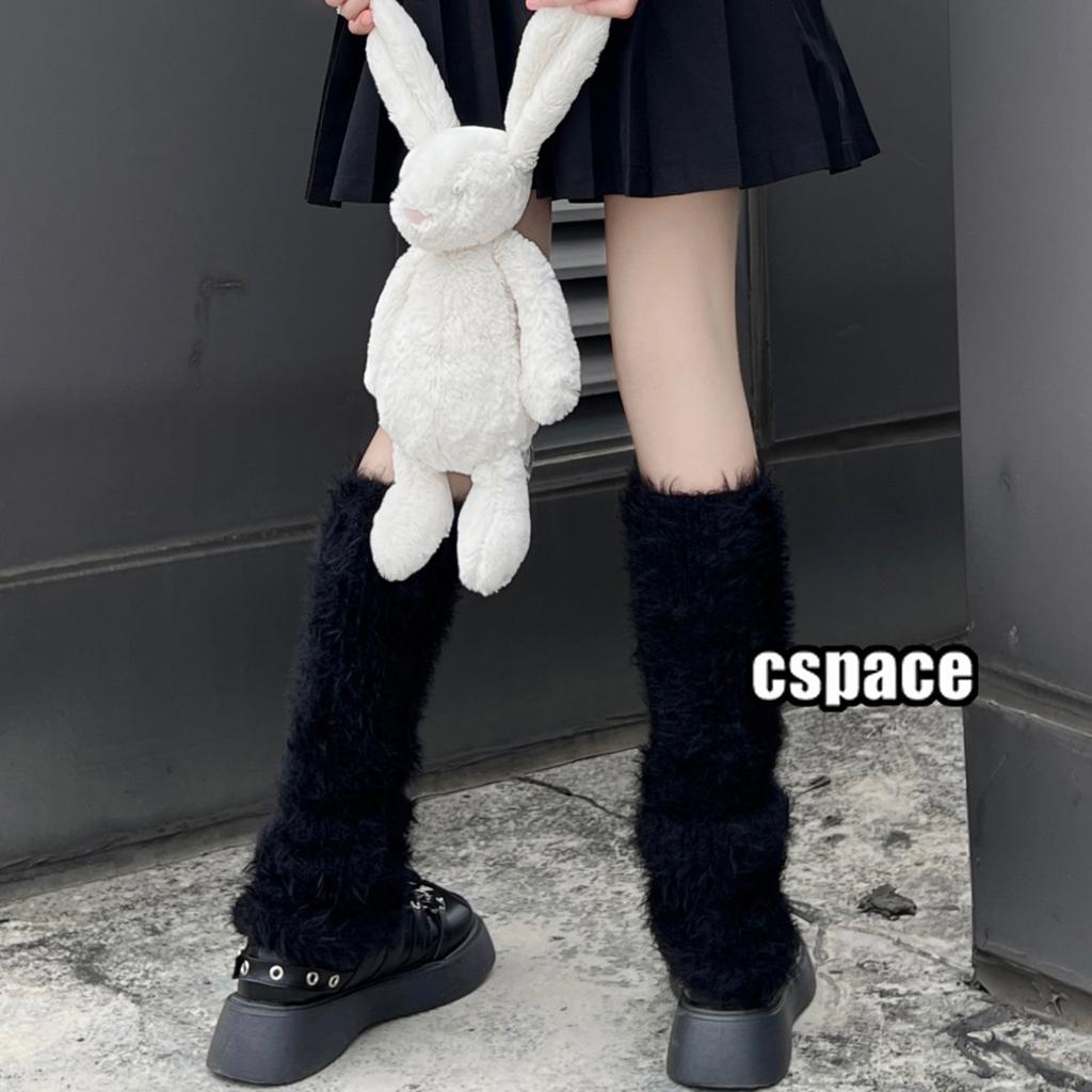 Women's Fuzzy Calf Socks Furry Slouch Leg Warmers Black and White Color Japanese JK Style Thickened and Warm for Autumn and Winter