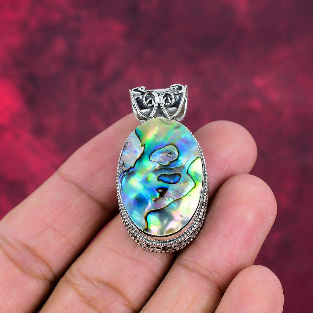 Abalone Shell 925 Solid Sterling Silver Pendant, Handmade Gemstone Jewelry Pendant, Gift For Mom