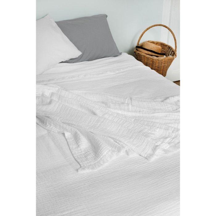 "Brehat" Fringed Bedspread Stonewashed Cotton Gauze Golden Fleece - Brehat White - 180 X 250 Cm